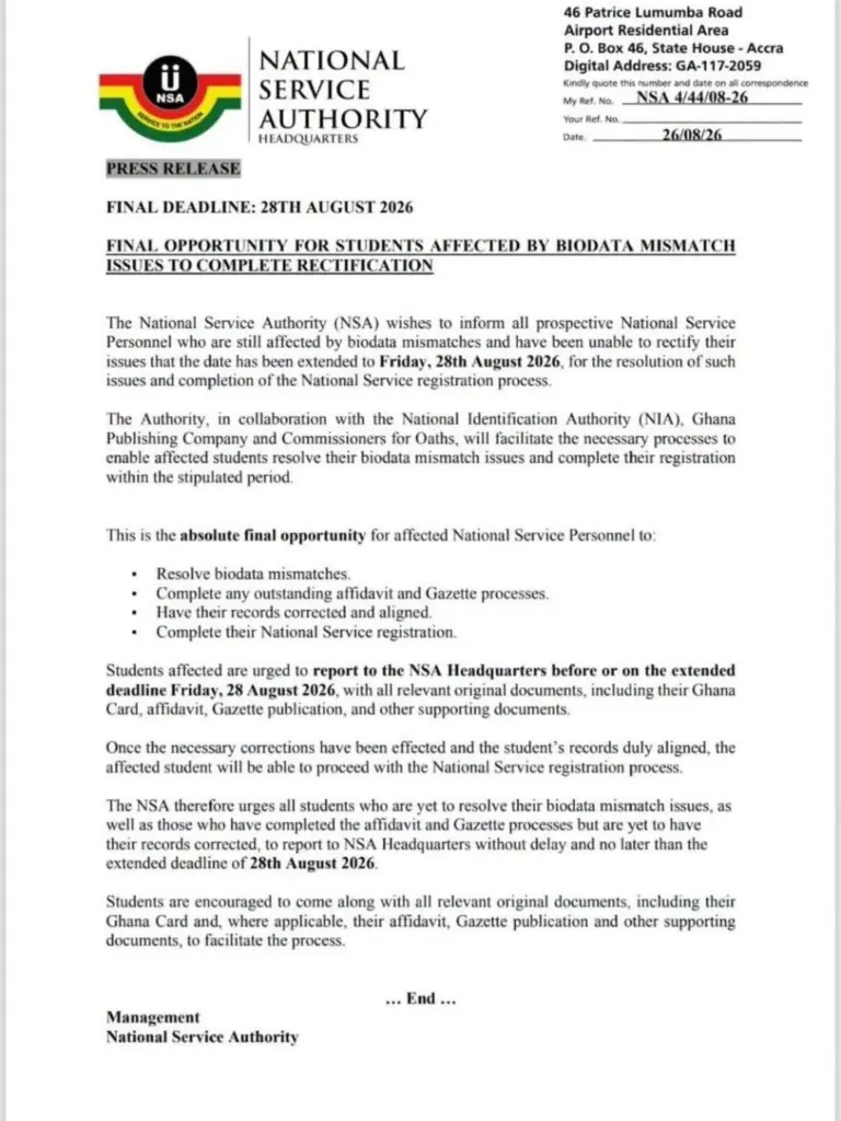 Le Ghana prolonge jusqu’au 28 août 2026 le délai de régularisation des dossiers de service national pour les étudiants concernés