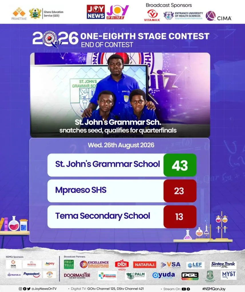 St. John’s Grammar écrase Mpraeso SHS et s’offre une place en quarts de finale du NSMQ 2026