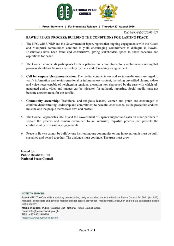Le Conseil national de la paix note des avancées encourageantes dans le processus de dialogue à Bawku