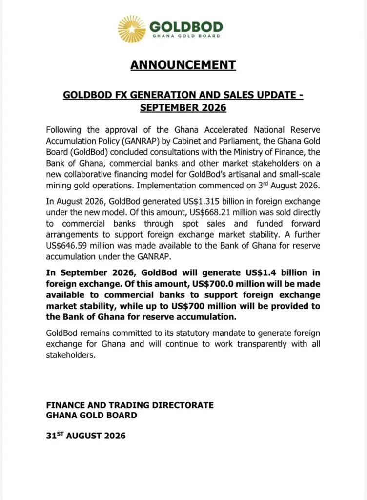 Ghana : GoldBod vise 1,4 milliard de dollars de devises en septembre 2026