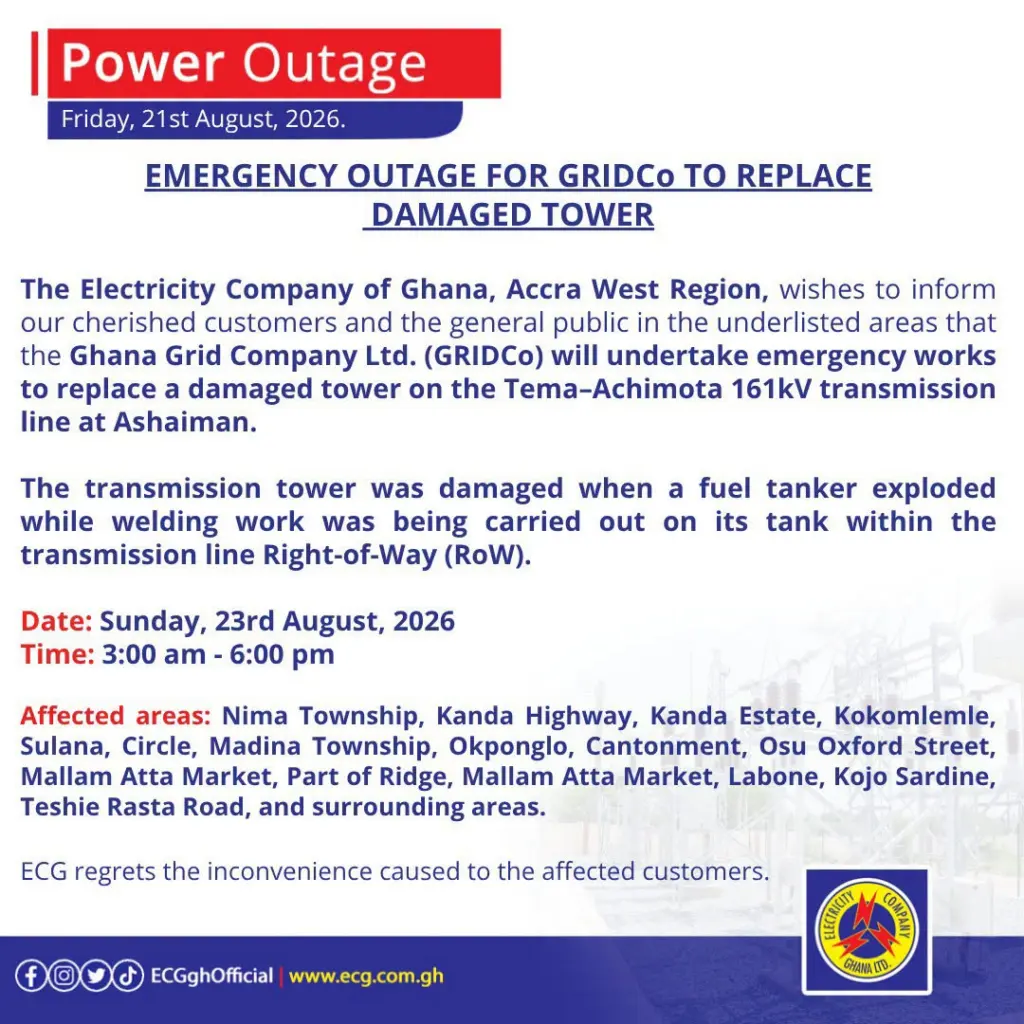 Accra plonge dans le noir pour 15 heures : GRIDCo répare une tour électrique endommagée par une explosion
