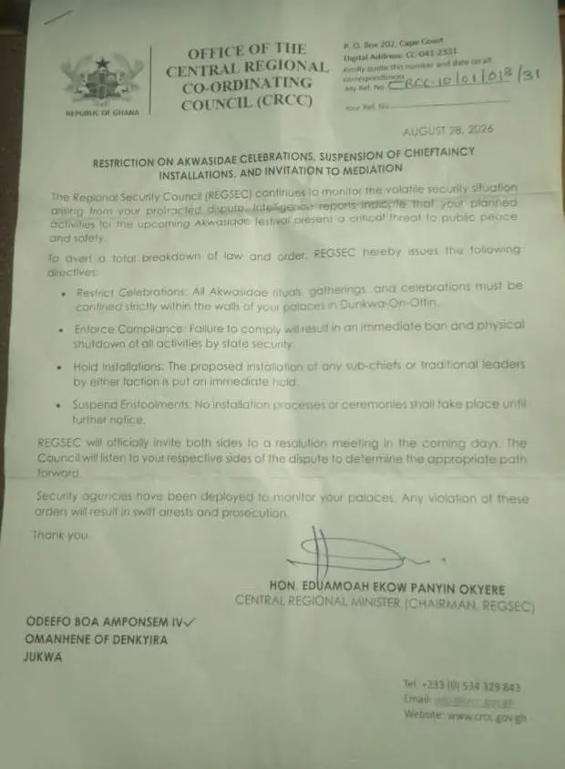 Le gouvernement ghanéen interdit les célébrations Akwasidae hors des palais royaux dans la région de Denkyira