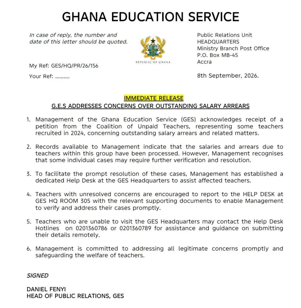 Le Ghana Education Service ouvre un guichet dédié pour régulariser les arriérés de salaires des enseignants recrutés en 2024