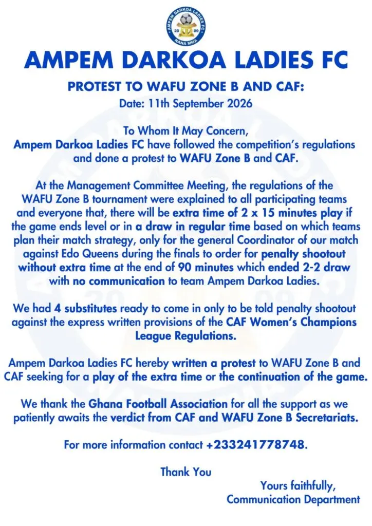 Ampem Darkoa Ladies réclame la réédition de la finale WAFU B après une séance de tirs au but contestée