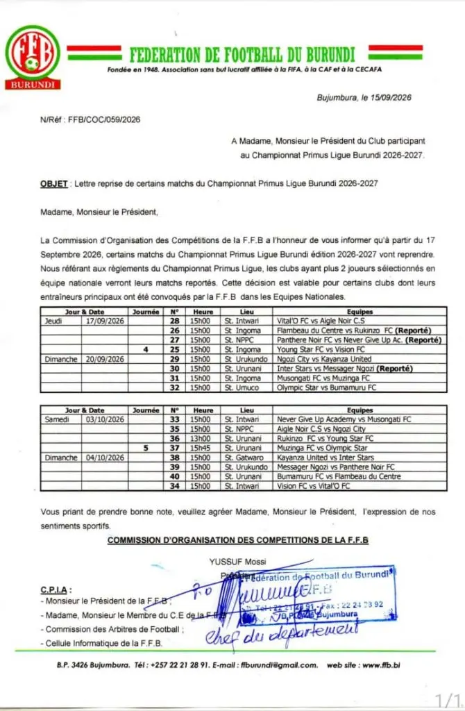Le Primus Ligue reprend le 17 septembre : la Fédération du Burundi lève la suspension du football national