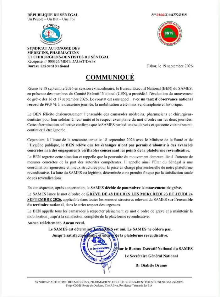 Le SAMES annonce une grève nationale de 48 heures les 23 et 24 septembre 2026 pour protester du manque de progrès avec le ministère de la Santé