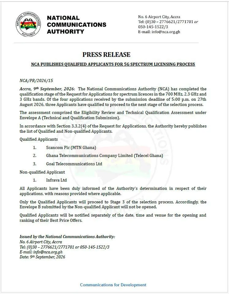 Ghana : MTN, Telecel et Goal Telecom franchissent l’étape de qualification de l’enchère du spectre 700 MHz, 2,3 GHz et 3 GHz