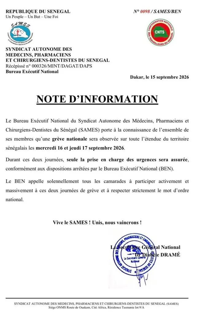 Le SAMES déclenche une grève nationale de 48 heures au Sénégal, les services de santé non urgents seront perturbés dès mercredi
