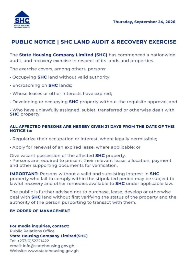La State Housing Company lance un audit national et donne 21 jours aux occupants pour régulariser leurs droits fonciers