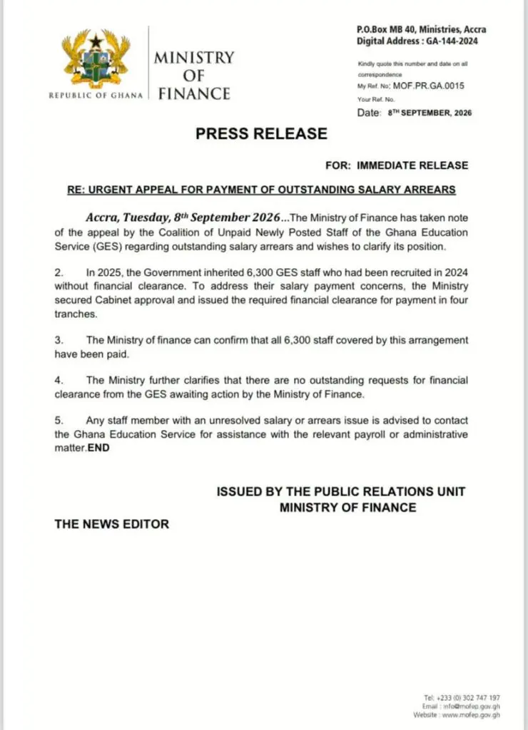 Le ministère des Finances confirme le paiement intégral des 6 300 agents du Ghana Education Service recrutés sans autorisation budgétaire