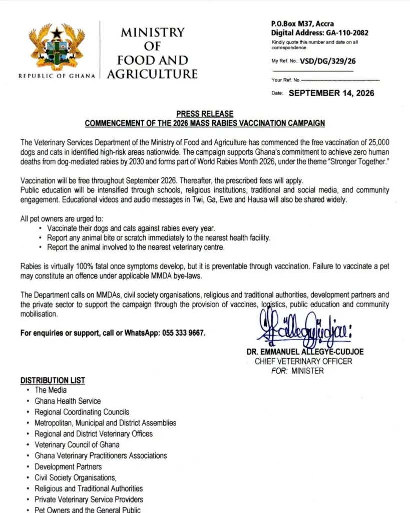 Le Ghana lance une vaste campagne de vaccination gratuite contre la rage pour atteindre l'objectif zéro décès d'ici 2030