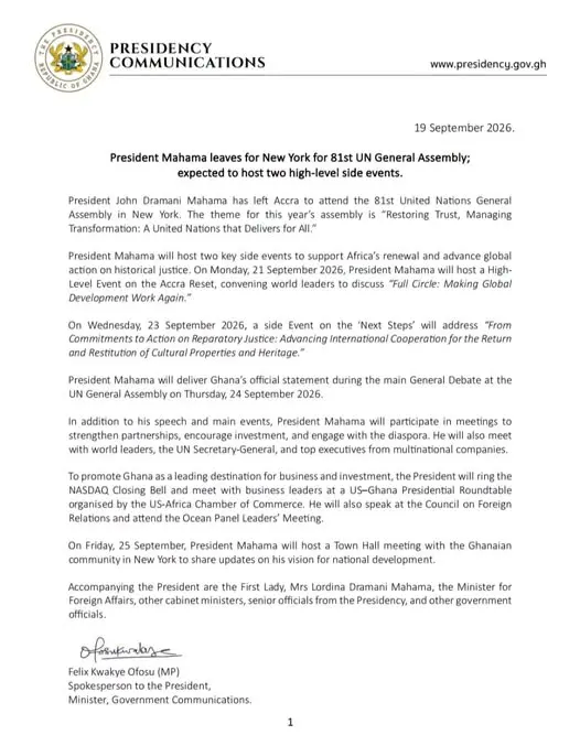 John Dramani Mahama porte la voix du Ghana à la 81e Assemblée générale des Nations Unies à New York