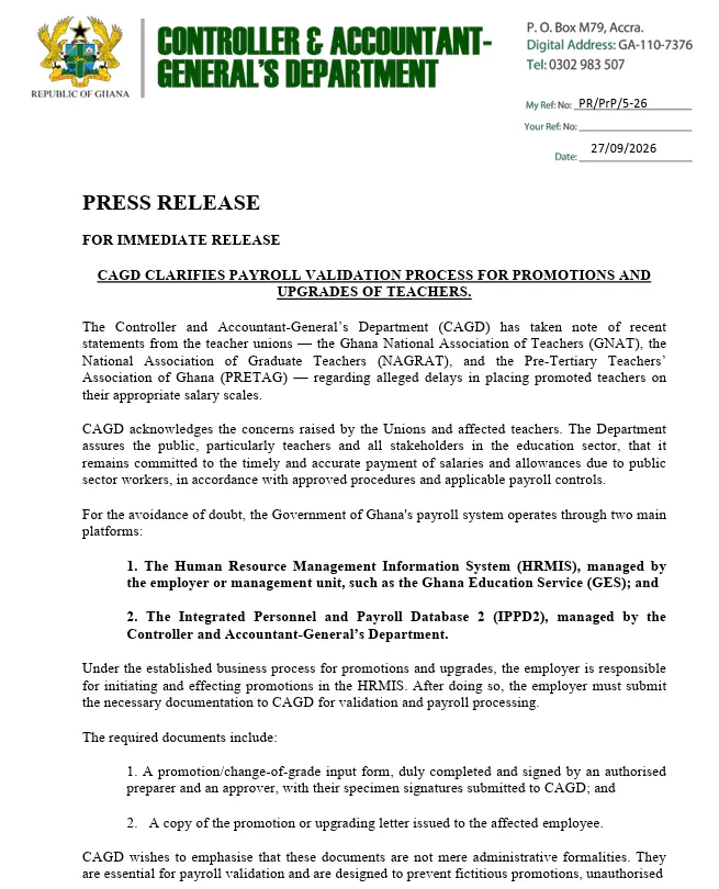 Le CAGD confirme le paiement complet de 6 079 promotions d’enseignants, mais la grève nationale persiste au Ghana