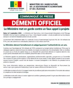 Le ministère sénégalais de l'Agriculture alerte sur une vaste tentative d'escroquerie liée à de prétendues subventions