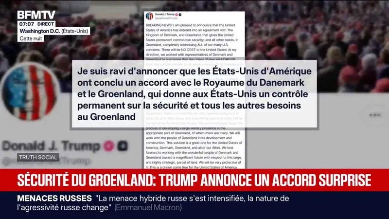 Donald Trump annonce un accord de sécurité arctique avec le Danemark et le Groenland, assurant un contrôle permanent des États‑Unis