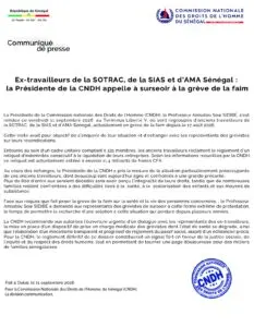 La CNDH exhorte les ex-travailleurs de la SOTRAC, SIAS et AMA à suspendre leur grève de la faim