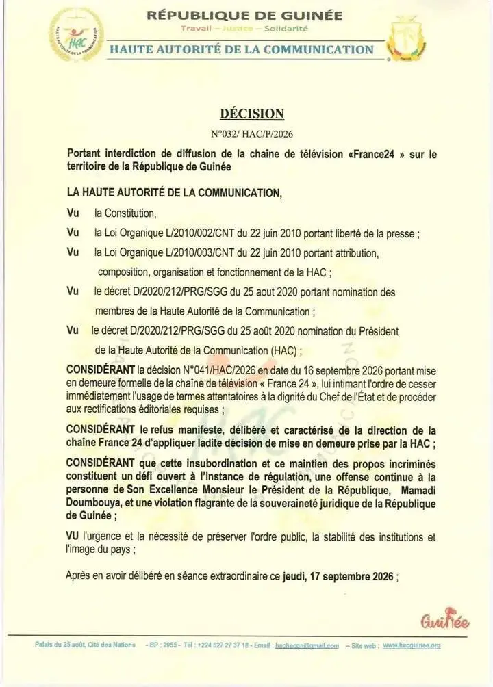 Guinée : la Haute Autorité de la Communication suspend la diffusion de France 24 et révoque les accréditations des journalistes
