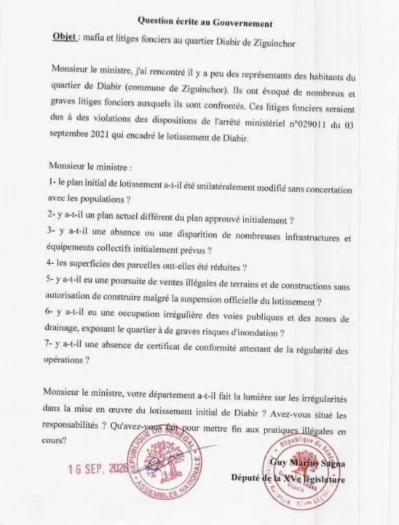 Le député Guy Marius Sagna exige une enquête sur les irrégularités foncières au quartier Diabir de Ziguinchor